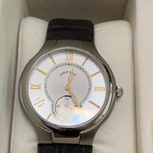 Philip Stein silver and leather strap watch.
